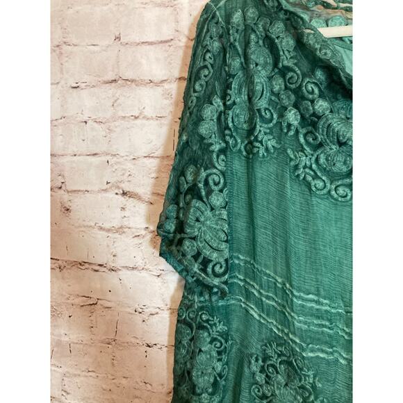 Soft Surroundings Silk Tunic Top Womens Petite Large Green Crinkled Embroidery - Picture 6 of 15